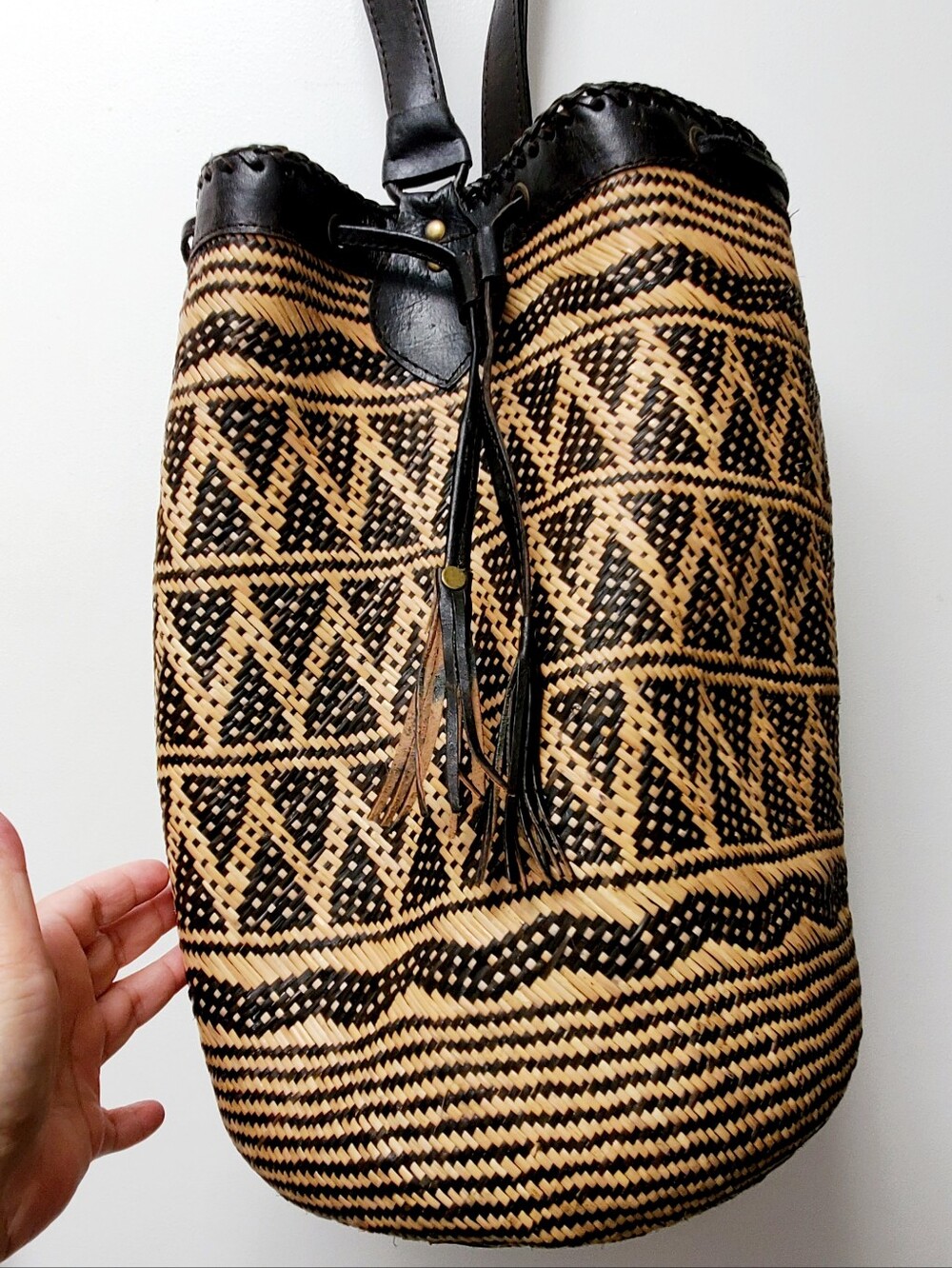 Vintage Tribal Ethnic Handwoven Rattan Bucket Bag Backpack Storage Decor - Picture 3 of 10
